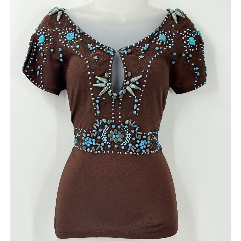 Y2k Beaded Top Womens sz M Fairy Grunge Indie Festival Brown boho artsy western